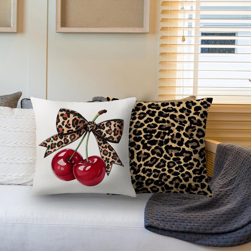 Nipil Trendy Leopard Cheetah Bow Cherry Pillow Covers 18x18 Set of 2, Coquette Cheetah Room Decor, Trendy Cheetah Print Decorative Throw Pillow Covers Pillowcases for Girly Room Bedroom Dorm Apartment - Image 4